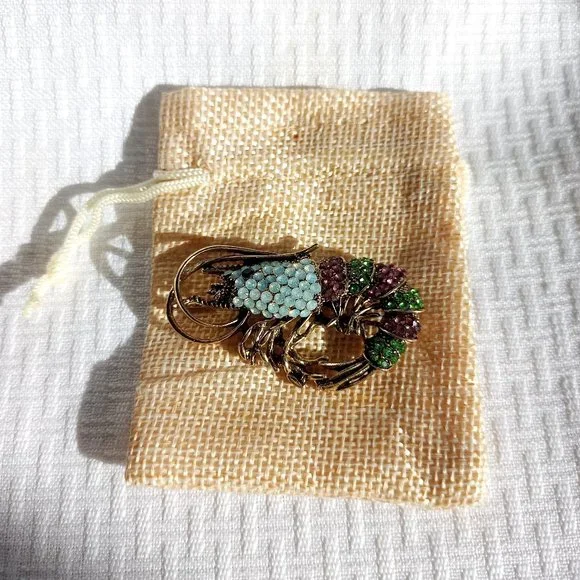 Pink Green Rhinestone Shrimp Pin Broach - Picture 3 of 3